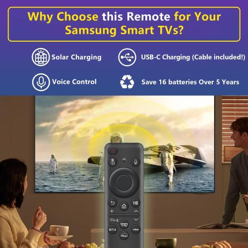 Rechargeable Voice Remote for Samsung Smart TVs, Replacement for 2019–2026 Samsung TV Remote Control. USB-C & Solar Charging. Voice Search. 2-Year Warranty.