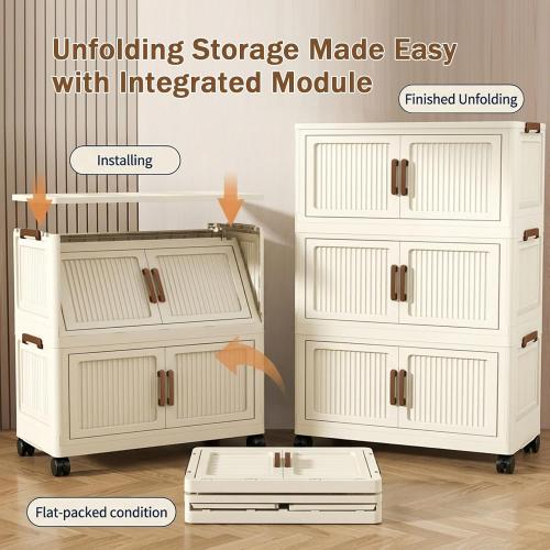 302QT Modular Stackable Storage Bins with Lids, Rolling Lidded Storage Containers with Wheels, Collapsible Drawer Storage Bins for Clothes, Container Drawers for Bedroom Dorm, Cream（6 Pack）