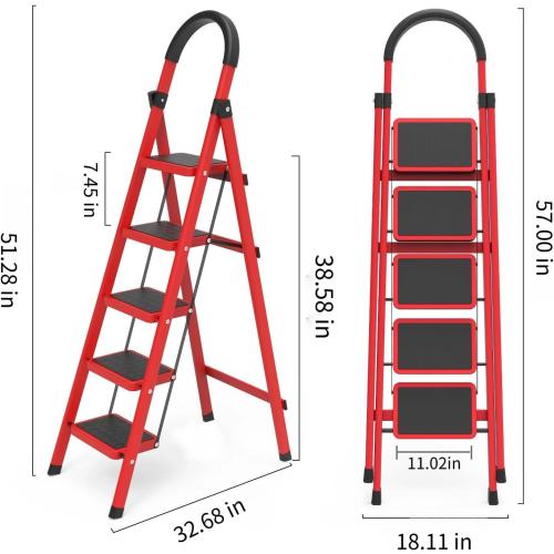 5 Step Folding Ladder, Portable and Compact, Anti-Slip Multi-Use Household Step Ladder for Home, Kitchen, Office, and Garage – Easy Storage, Sturdy and Durable