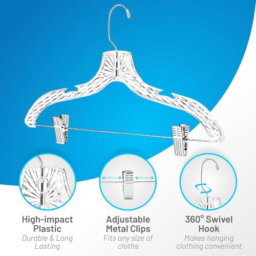 DEILSY™ Clothes Hangers with Clips 12 Pack Crystal Clear Plastic Hangers