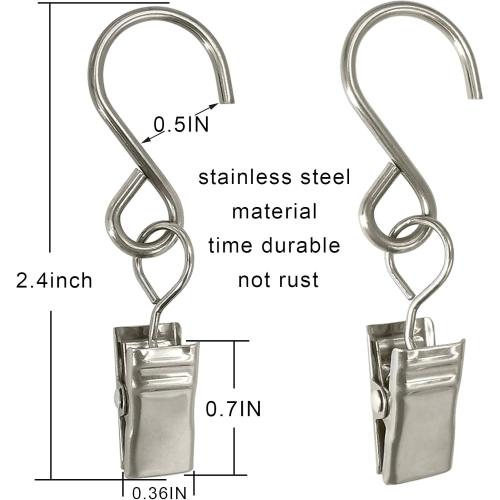 Stainless Steel S Hooks Curtain Clips, 50 Pack Hanging Party Lights Clips, Hangers Gutter Photo, Art Craft Display, 2.4 Inch Long, Silver