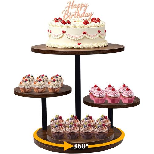 4 Tier Round Cupcake Tower Stand for 50 Cupcakes, 360° Rotating Wood Cake Stand with Tiered Trays, Farmhouse Cookie Stand for Dessert Table Display for Wedding Birthday Baby Shower Tea Party
