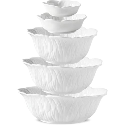 Porcelain Leaf Serving Bowls & Dishes Set – 5 Piece, 1-58 oz White Serving Bowls for Party, Entertaining, Salad, Soup & Snacks, Dishwasher & Microwave Safe