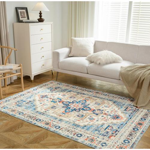 DriftAway Area Rug 5x7 Washable Rugs for Living Room Non Slip Rubber Backing Low Pile Non Shedding Carpet Friendly Boho Foldable Vintage Rugs for Bedroom Dining Room Beige Dark Blue Orange