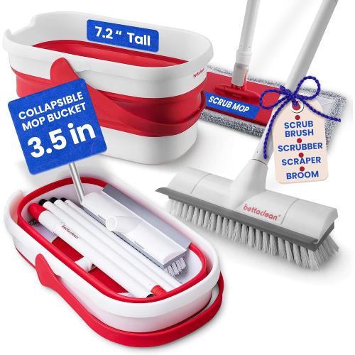 Collapsible Mop and Bucket Set with Wringer, Heavy Duty Scrub Brush, Foldable Mop and Broom for Home, Indoor or Outdoor Cleaning, Patio, Deck, RV, Concrete, and Floor Care by Bettaclean