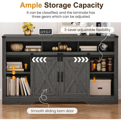 RoyalCraft Farmhouse TV Stand for 65  Inch TV, 34'' Tall Entertainment Center with Sliding Barn Doors, Rustic Wood Media Console Storage Cabinet Television Stand for Living Room, Bedroom (Dark Grey)