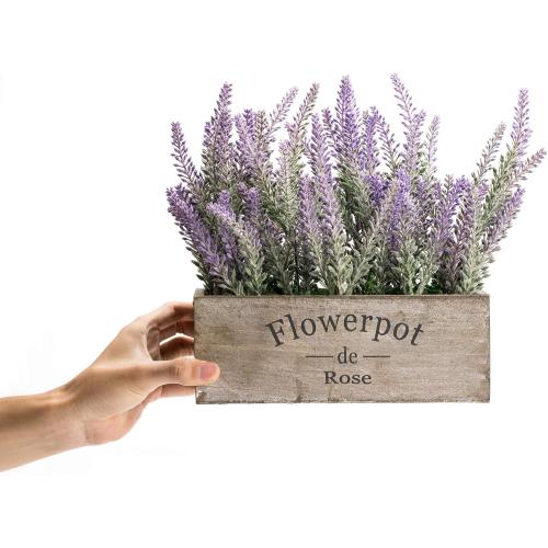 Velener Purple Artificial Lavender Flowers with Decorative Tray Wooden Box 9 Inches - Lifelike Faux Lavender Plants for Home and Office Decor, Fake Lavender Rustic Farmhouse Style