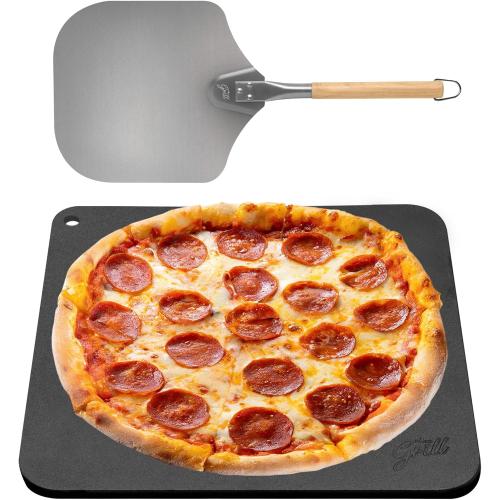 Pizza Steel PRO by Hans Grill | XL 1/4 Thick Square Conductive Metal Baking Steel for Oven and BBQ Cooking Pizzas | Bake and Grill Bread and Calzone with our Cast Iron Pizza Stone | Cast Iron Pizza Stone, Conductive Metal, Easy to Clean Surface, 13 x 13 inches, Includes Beechwood Handle Metal Pizza Peel
