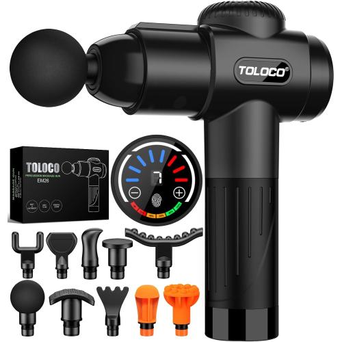 TOLOCO Massage Gun, Deep Tissue Back Massage for Athletes for Pain Relief, Percussion Massager with 10 Massages Heads & Silent Brushless Motor, Gifts for Fathers Day, Black
