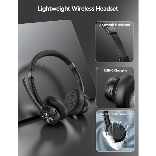 TECKNET Wireless Headset, Bluetooth Headset with Noise Cancelling Microphone - Rechargeable Bluetooth V5.2 Headphones, 50H Playtime & Mic Mute, On Ear Headphones for Trucker/Remote Work/Call Center