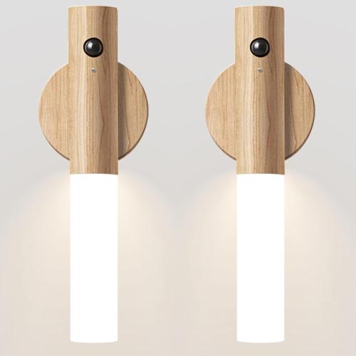 Chilvane Motion Sensor Light Indoor Night Light Wall Sconce Wooden Rechargeable Portable Magnetic Battery Operated LED Night Light for Kids Bathroom Toliet Light Closet Bedroom,White Ash Wood Pack 2