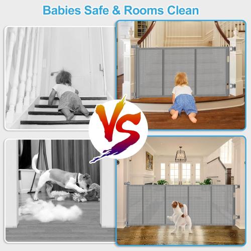 EZIGO 120 Inch Retractable Baby Gates Extra Wide Reinforced Baby Dog Gate | 34 Inch Tall Retractable Dog Gate with Reinforced Strip Mesh Safety Pet Gate for Stairs Hallway Doorway Indoor Outdoor, Gray