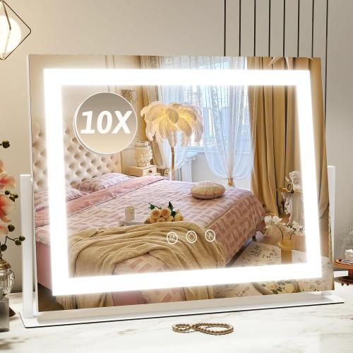 Vanity Mirror with Lights 22x18, Lighted Makeup Mirror with 10X Magnification, Smart Touch 3 Colors Dimmable, 360° Rotation, Women Gift, Dresser Mount, Bathroom (White)