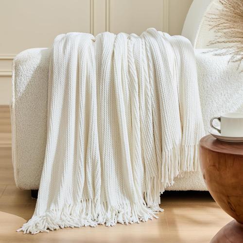Ivory White Throw Blanket for Couch Bed,Knit Blanket