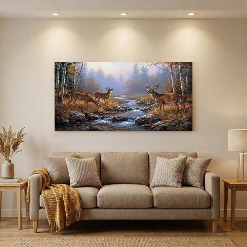 Ardakar Deer Wall Art Autumn Forest Canvas Print Wildlife Landscape Painting Framed Yellow Rustic Nature Animal Pictures for Cabin Living Room Bedroom Decor (Framed, 48 L x 24 W)