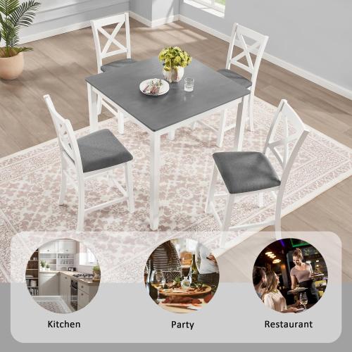 KEIKI 5-Piece Standard Height Dining Table Set with Square Table and 4 X-Shaped Backrest Upholstered Chair, for 4 Person, Modern Wooden Table Set, Easy Assembly, for Kitchen, Dining Room, Grey White
