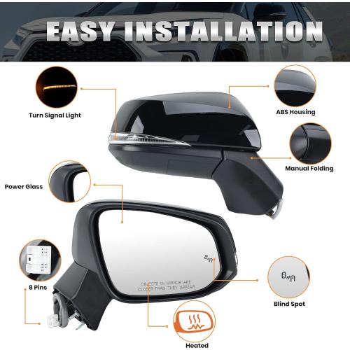 Right Passenger Side Mirror Compatible with Toyota RAV4 2019 2020 2021 2022 2023 2024 Power Heated Turn Signal Blind Spot Door Rear View Mirrors 8 Pins Black