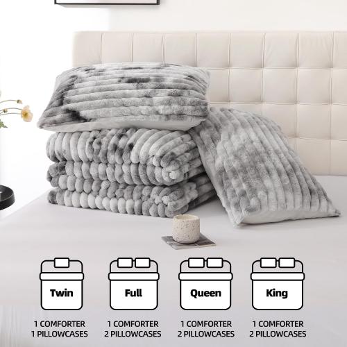Fluffy King Size Comforter 3 PCS - Tie Dye Grey Fleece Bedding Set
