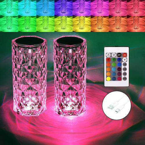 BGFHome 2 Pack Crystal Table Lamp 16 RGB Color Changing Rose Diamond Touch Lights, Protable Rechargeable Cordless Bedside Night Light with Remote, Aesthetic Room Decor Gift for Bedroom, Party, Dinner