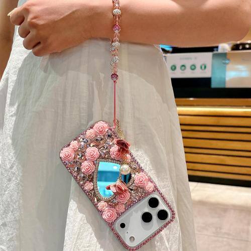 Changjia for iPhone 18 Pro Max/iPhone 17 Pro Max Glitter Bling Case,Cute 3D Sparkle Heart Makeup Mirror Crystal Rhinestone Flower Diamond Gems with Lanyard Wrist Strap Case for Women Girls 6.9,Purple