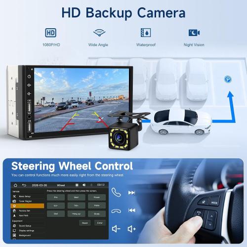 Leadfan Double Din Car Stereo Radio Support Apple Carplay&Android Auto, 7inch HD Touchscreen Double Din Radio with Bluetooth, Car Audio Receivers, Camera, MirrorLink, FM Radio, 2 USB/TF/AUX/Subwoofer