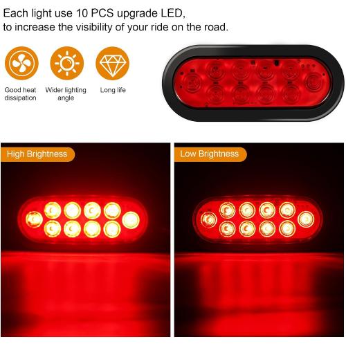 6 Oval LED Trailer Lights Kit, 2PCS Waterproof Stop/Turn/Brake Tail Lights with 10 LED Markers for Truck, RV, Boat, Trailer (Red) DOT Compliant