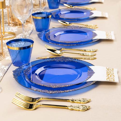 Bestluck 350PCS Clear Blue Plastic Plates for 50 Guests