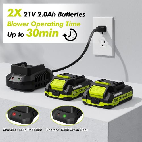 Leaf Blower Cordless - 21V Powerful Electric Leaf Blower with 2 Batteries and Charger, 2 Speed Modes, 2.0Ah Lightweight Battery Powered Leaf Blowers for Lawn Care, Patio, Dust, Blowing Leaves