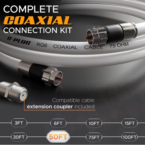G-PLUG 50FT RG6 Coaxial Cable Extender - Coax Cable Cord, Triple Shielded
