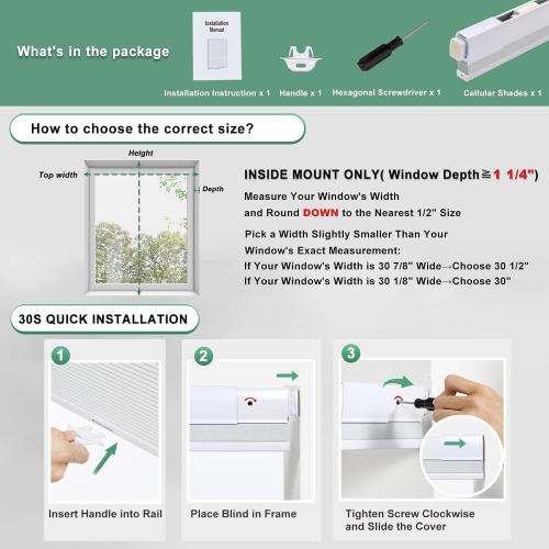 No Drill Cellular Shades for Indoor Windows, Thermal Insulating & Noise Reducing Honeycomb Blinds, Free Stop Cordless Blackout Shades, White,31 W x 80 H