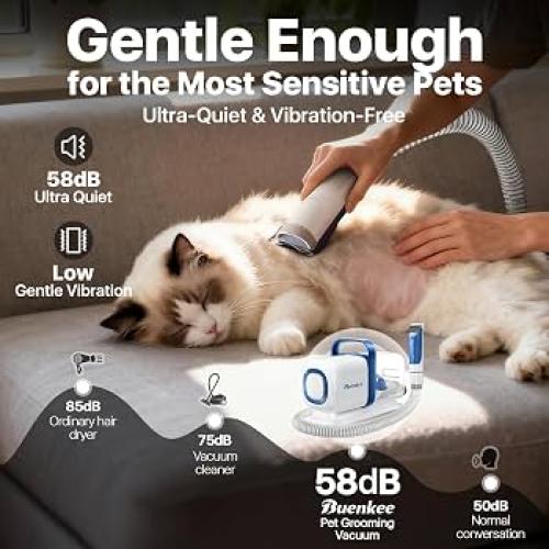 Buenkee Dog Grooming Vacuum Kit, 15000Pa Clipper, Shedding Brush, 2L, White