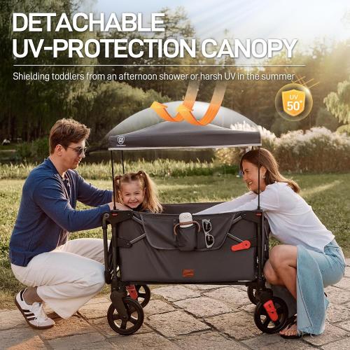 EVER ADVANCED Wagon Stroller for 2 Kids, Compact One-Step Fold Stroller Wagon with Adjustable Push/Pull Handles, Folding Wagon for Travel, Park & Beach, Includes Removable UV Canopy, Grey