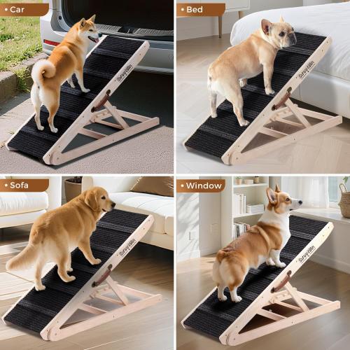 Dog Ramp for Bed - Foldable Small to Large Dog Ramp for Couch - 6 Adjustable Height from 12 to 24 - Stairs with High Traction Mat - Wooden Portable Ramp for Dogs to Get on Bed Couch Car Up to 200LBS