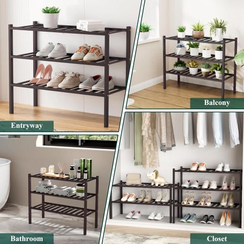 Smiry Bamboo Shoe Rack, 8 Vertical Slats, 2 Tier - 17.3 Wide, Brown