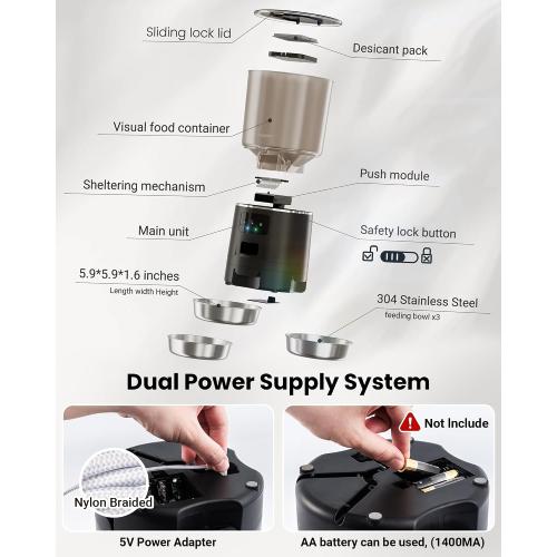 Automatic Cat Feeder for 3 Cats with WiFi Control, Anti-Jam System, 6L