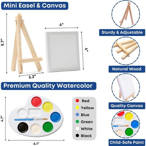 Mini Canvas and Easel Set with Watercolor Paint in Bulk Set of 12 - Kids Art Party Favors & Party Supplies - 4x4 Small Canvases for Painting with Easel - Water Colors Paint for Kids