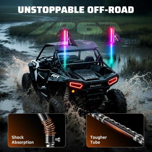 Ehaho 2PCS 3FT Whip Lights w/Spring Base, RGB Chasing, APP & Remote Control | IP67 LED Whip Lights for Side by Side with 366  Light Modes, Music Sync, Brake/Turn/Reverse, Switch for UTV ATV RZR SXS