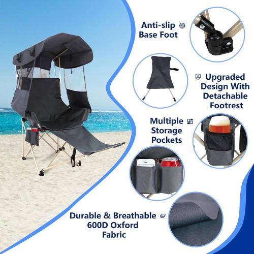 Folding Camping Chairs Canopy Outdoor: Sports Portable Beach Chair with Canopy-Lawn Beach Chairs with Umbrella for Adults-Camping Chair with Shade for Fishing Camp Heavy Duty (Casual, Grey)
