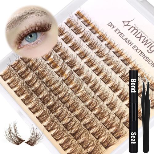 Brown Lashes Clusters Kit Natural Eyelash Extension CC-Curly Individual Lashes Kit with 8-16MM Brown Lash Clusters Lash Bond and Seal & Lash Applicator