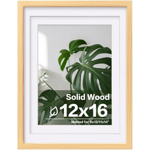 Egofine 12x16 Picture Frame Natural Wood Made of Solid Wood with Plexiglass, Display Pictures 9x12/11x14 with Mat or 12x16 Without Mat, for Wall Mounting Photo Frame