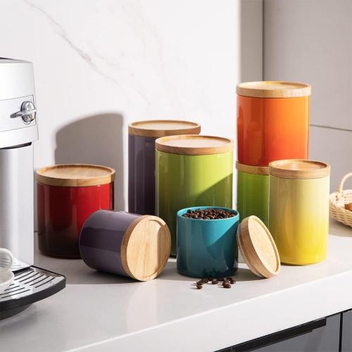Sweejar Ceramic Food Storage Jar, Stackable Kitchen Canisters, Containers with Airtight Seal Wooden Lid for Serving Coffee Bean, Flour, Tea, Cookies, Spice and More - 58 Fl Oz (Gradient Blue)