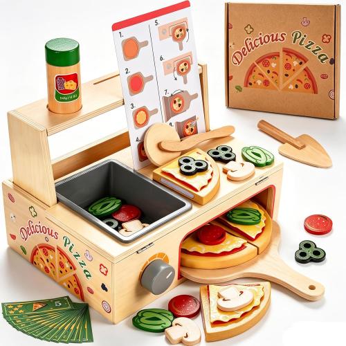 Wooden Pizza Toy, Wooden Pizza Counter Playset with Bake Oven, Montessori Pretend Play Toys, Play Food and Accessories, Cooking Pretend Play Toys for Boys Girls Age 3