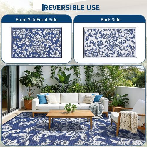 Garvee 9 x 12 Waterproof Outdoor Rug for Patio, Foldable Reversible Modern Area Rug, Floral Large Plastic Straw Mat for Camping, RV, Porch, Backyard, Deck, Picnic, Beach, Dark Blue & White
