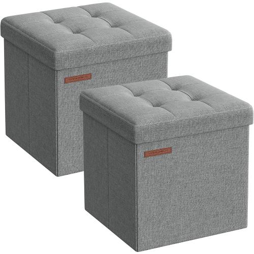SONGMICS Storage Ottomans, Set of 2, Foldable Small Ottoman Foot Rests, 11.8 Inches Foot Stool, Cube Ottoman with Storage, Each Load up to 286 lb, for Living Room, Bedroom, Dorm, Light Gray ULSF028G22