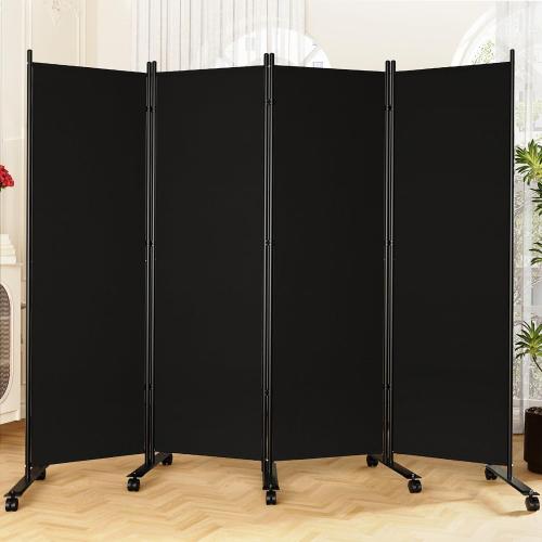 Room Divider 6FT Folding Privacy Screens with Lockable Wheels, 4 Panel Room Partition for Room Separator, 88 W Freestanding Portable Fabric Wall Dividers for Home Dorm Studio Office, Black