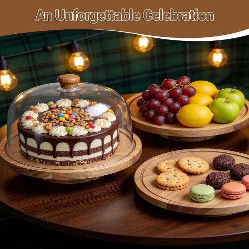 Rotating Cake Stand with Lid, 12in Wooden Cake Holder with Acrylic Dome, Flat Bottom Round Dessert Stand, Cake Display Stand for Baking, Wedding, Kitchen, Birthday, Parties(Not Glass Lid)