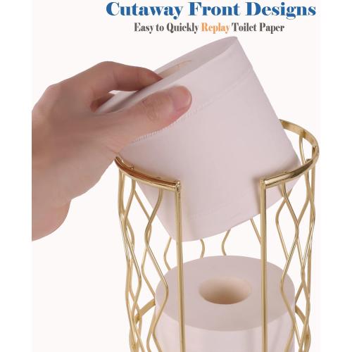 Decorative Metal Standing Toilet Tissue Holder for Bathroom/Powder Room, Compact Tissue Reserve for 3 Rolls of Toilet Paper Gold