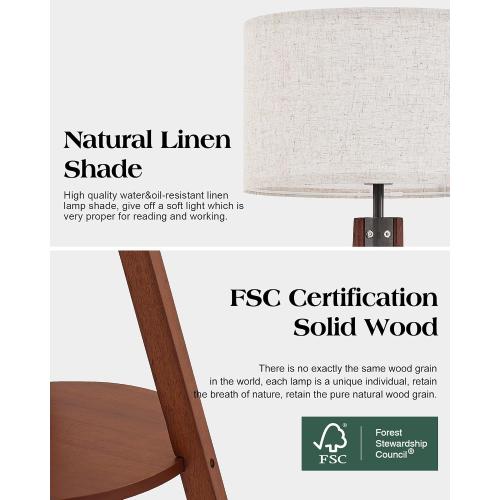 ELYONA Mid Century Floor Lamp with 3 Color Temperatures LED Bulb, Modern Wood Tripod Table Reading Standing Light, Wooden Shelf Floor Lamp for Farmhouse Living Room Bedroom Office Linen Shade Brown
