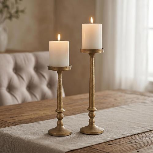 BANOMII Vintage Iron Pillar Candle Holders Set of 2, Antique Brass Gold