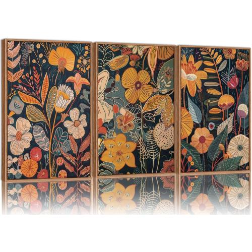 Set of 3 Size 24x36x3 SIGNINART Boho Botanical Framed Canvas Wall Art Set of 3, Mid Century Modern Wall Decor, Burnt Orange Floral Artwork, Neutral Flower Plant Art Prints for Bedroom Living Room Office